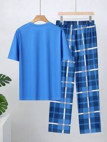 Velminro Men's Deer Print Round Neck Short Sleeve T-Shirt And Plaid Wide Leg Pants Pajama Set Men Matching Set Men 2 Piece Set Men 2pc Set Men 2 Piece Set Cotton Men Pajama Set