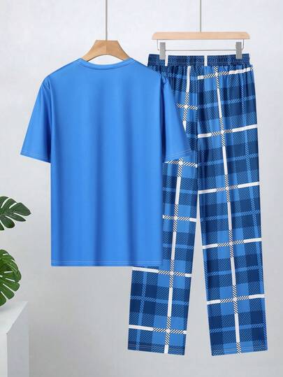Velminro Men's Deer Print Round Neck Short Sleeve T-Shirt And Plaid Wide Leg Pants Pajama Set