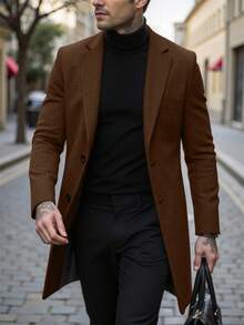 Manfinity Mode Men's Plus Size Coffee Brown Solid Color Lapel Single-Breasted Casual Overcoat,Autumn Elegant Formal Long Outerwear For Fall Winter Gray Formal Coat - Brown - View 3
