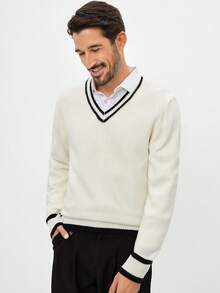 Manfinity CityGents 男士长袖休闲撞色滚边针织衫，秋冬男士毛衣上衣，时尚针织套装