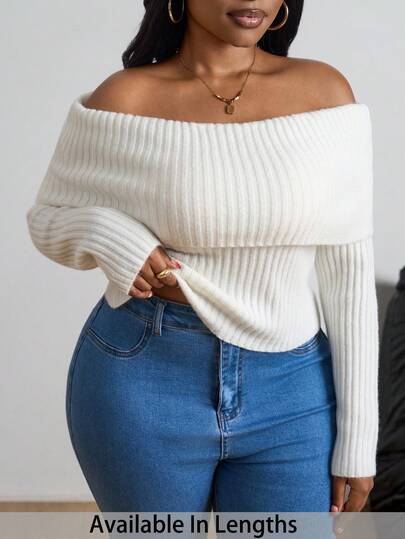 SHEIN PETITE CURVE Büyük Beden Kadın Y2K Flanel Omuz Açık Kadın Kazakları, Sonbahar/Kış Beyaz