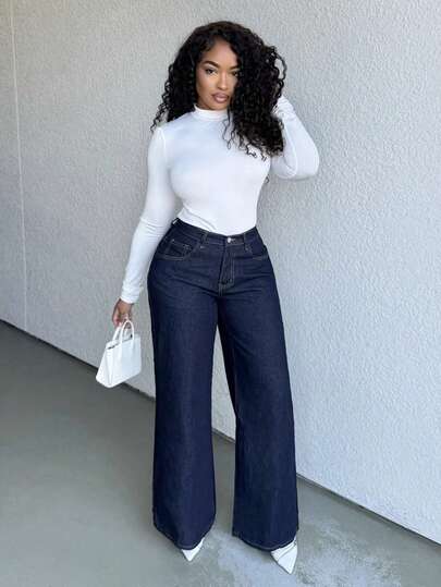 Alexandranx Jeans de mezclilla azul holgados y de pierna ancha para mujer de talla pequeña, jeans vintage, jeans azul marino, atuendos de mujer para otoño, pantalones de mujer para invierno, jeans azules para baile de graduación, jeans acampanados para mujer