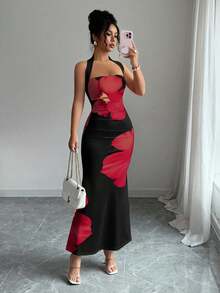 SHEIN PETITE Women's 2025 Summer Halter Tie Waist Slim Fit Printed Mid-Length Dress