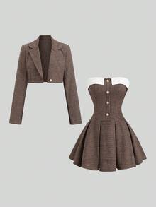 Sweetra 女士优雅高端时尚甜美贵族风办公室/约会复古格纹西装外套和褶裥连衣裙两件套，秋冬款