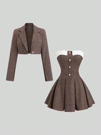 Sweetra Women's Elegant High-End Chic Sweet Aristocratic Style Office/Date Vintage Plaid Blazer Jacket And Pleated Tube Dress 2-Piece Set, Autumn/Winter