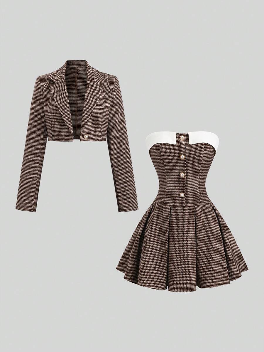 Sweetra 女士优雅高端时尚甜美贵族风办公室/约会复古格纹西装外套和褶裥连衣裙两件套，秋冬款