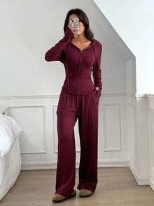 SHEIN EZwear 女士休闲酒红色拉链长袖上衣和裤子两件套，冬季女士两件套服装，圣诞节两件套套装 - 酒紅色 - 查看 5