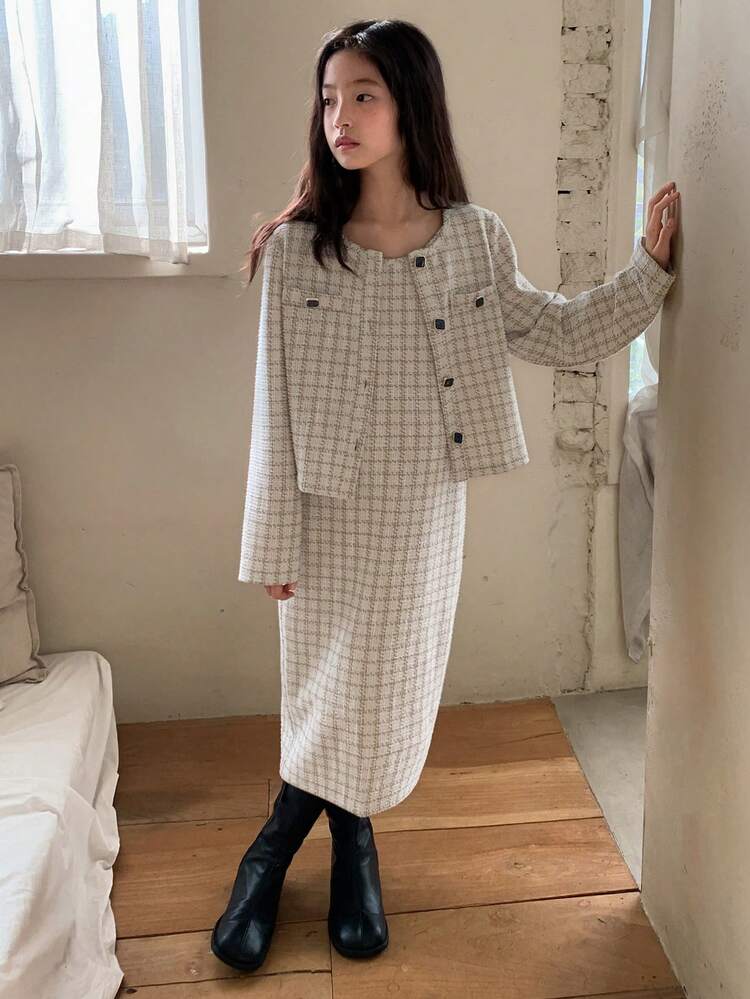 Tween Girls Outfit: Jacket + Jumper Dress Set, Autumn