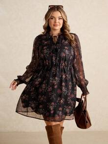 SHEIN CURVE+ Đầm dài tay cổ buộc tua rua họa tiết hoa cỡ lớn cho nữ, thời trang mùa thu - Nhiều màu - Xem 6