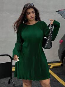 SHEIN EZwear 大码女式橄榄绿圆领长袖休闲连衣裙 - 墨綠色 - 查看 4