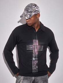 ROMWE MEN Goth Men's Cross Pattern Long Sleeve Casual Polo Shirt - Black - View 6