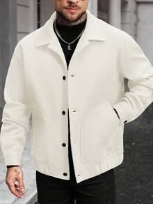 Manfinity Homme Men's Solid Color Single-Breasted Casual Wool Blend Overcoat, Autumn/Winter Cream Plus Size Men Overcoat - Beige - View 5