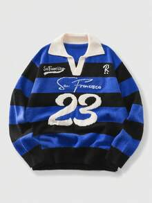 ROMWE MEN Men's Preppy Collared Numeric Knit Streetwear Sweater - Black - View 3