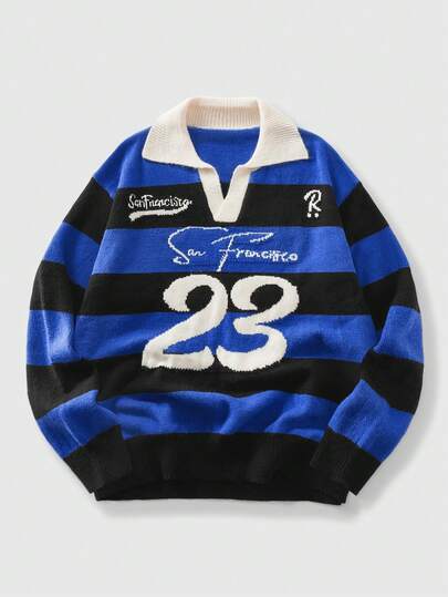 Men's Collared Numeric Knit Streetwear Sweater