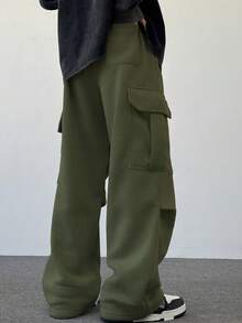 Manfinity Hypemode Men's Solid Color Casual Loose Fit Sweatpants, Fashionable And Versatile Baggy Cargo Pants - Army Green - View 2