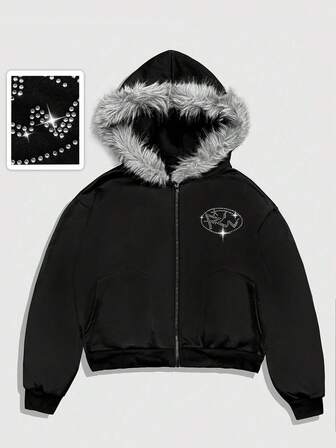 Street Life Herren Sweatshirt mit Kunstpelz-Patchwork, Strass-Verzierung und Kapuze, Reißverschluss, Langarm