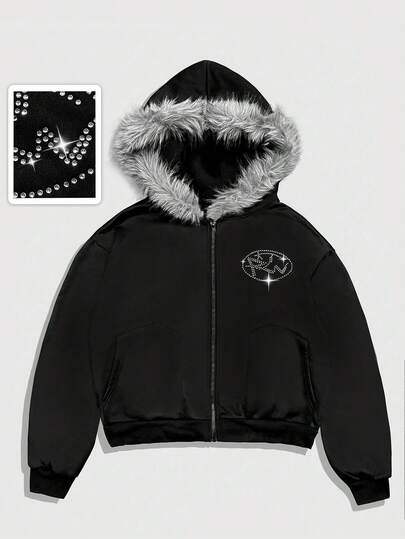 Street Life Sudadera con capucha de manga larga con cremallera, decorada con parches de piel sintética y rhinestones para hombre