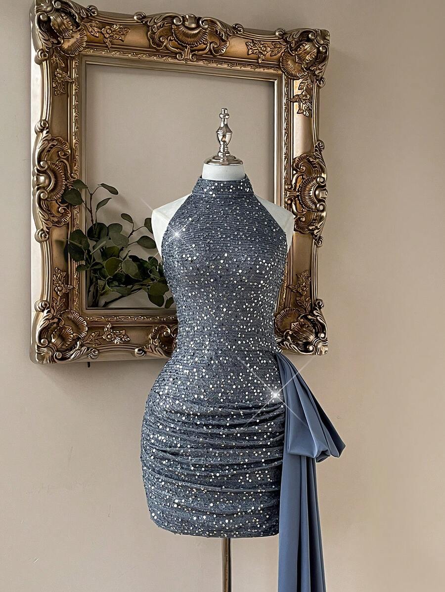 Lovelzi 优雅奢华灰色亮片刺绣手工大蝴蝶结装饰立领露背荷叶边鸡尾酒礼服