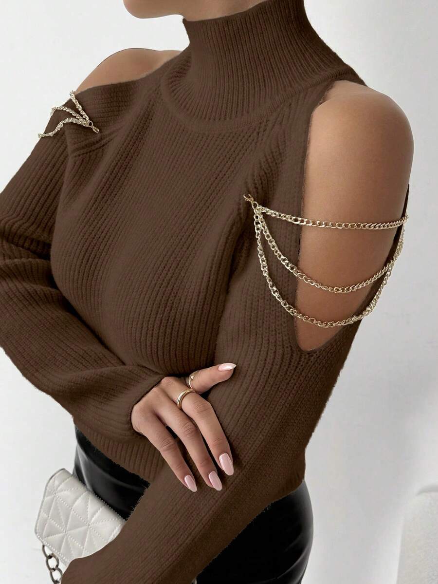 RosyDaze Women's Fashion Casual Off-Shoulder Chain High Collar Ribbed Knit Sweater - Brown - View 1