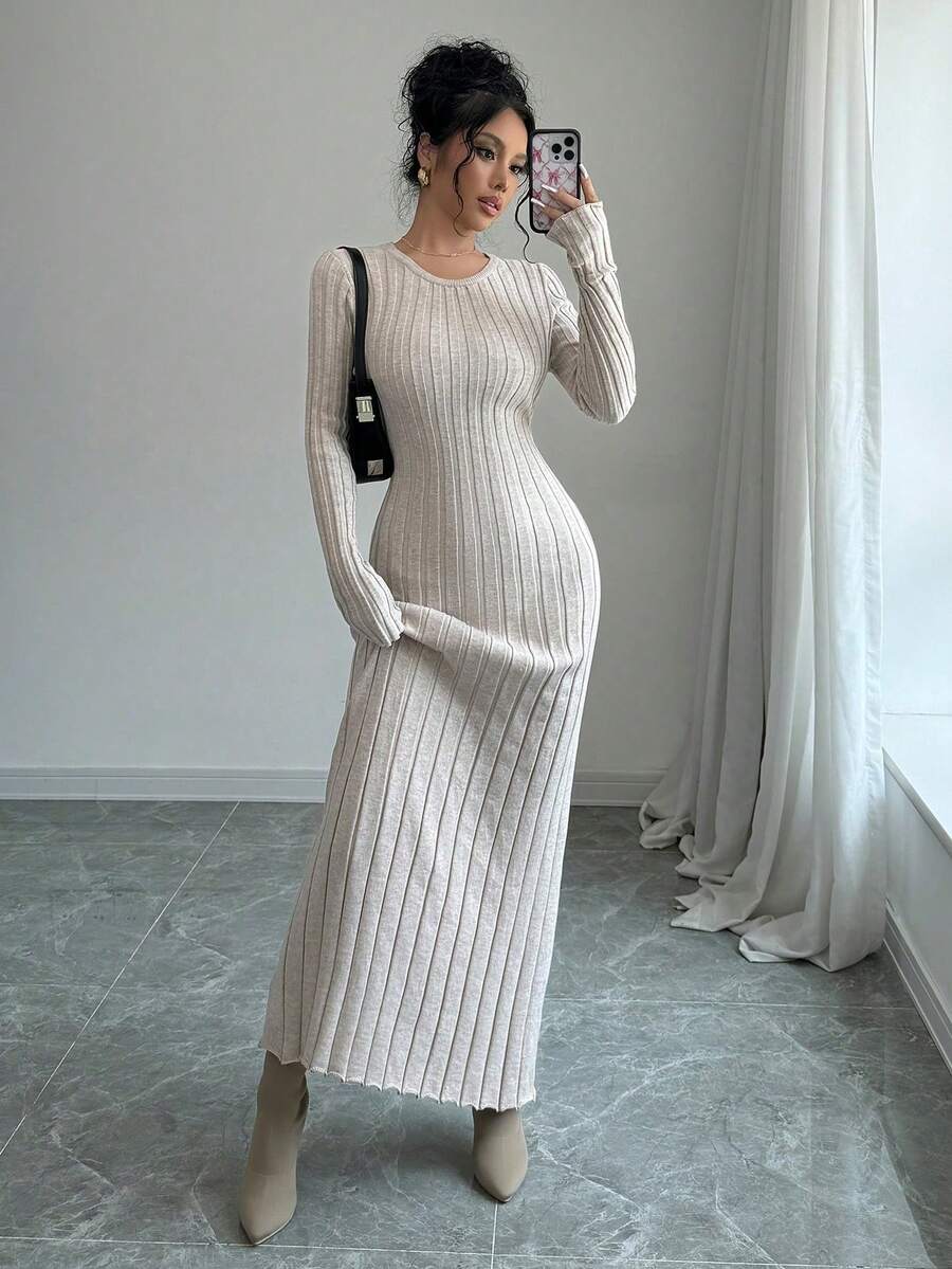 Selianne Vestido de suéter largo de unicolor acanalado para mujer - Albaricoque - Ver 1