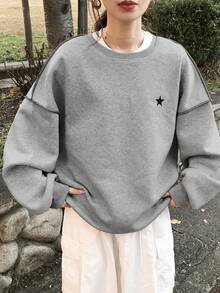 FRIFUL 女式简约休闲圆领长袖撞色图案上衣，秋季服装 - 灰色 - 查看 3