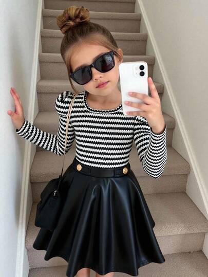 SHEIN Young Girl Casual Black And Whiter Striped Round Neck Long Sleeve Top T Shirt And Pleated Pu Skirt 2 Pieces Set Autumn Winter Outfits Suitable For Autumn Winter, Casual, Preppy, Cute & Casual & Vintage, Great For Autumn/Winter Casual, Daily Wear, School