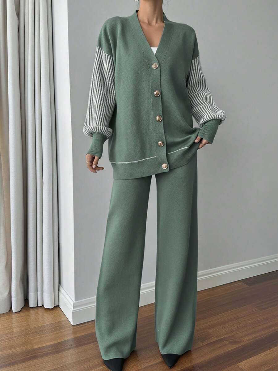 EURMUSE 女士条纹拼接长袖针织开衫和针织裤休闲套装,秋冬款 - 薄荷綠 - 查看 1