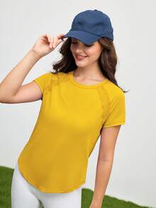 Cheerettes Áo thun thể thao nữ cổ tròn tay ngắn màu trơn thường ngày tập gym - Màu vàng - Xem 1