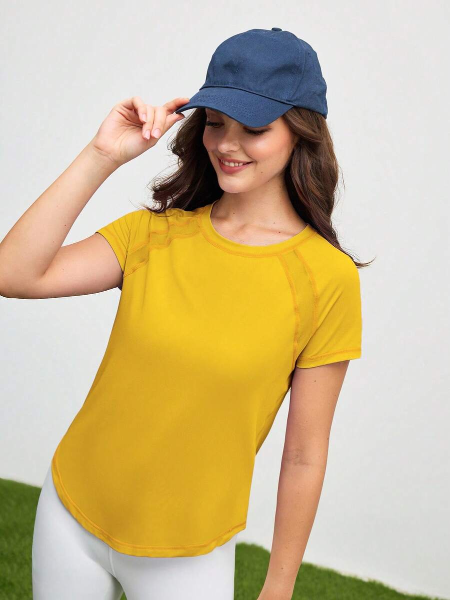 Cheerettes Áo thun thể thao nữ cổ tròn tay ngắn màu trơn thường ngày tập gym - Màu vàng - Xem 1