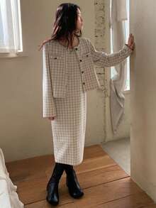 DAZY Tween Girls Outfit: Jacket + Jumper Dress Set, Autumn - Apricot - View 1