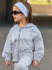 DAZY Stickad huvtröja för ung flicka med kontrasterande spets, termiskt foder, höstkläder - Grå - Visa 3