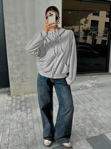 SHEIN Tall 女士前拉链长袖口袋卫衣，简约休闲毕业季、返校季穿搭，适合毕业典礼、教师节等场合，灰色拉链毛衣外套，短款拉链外套，短款拉链卫衣 - 灰色 - 查看 7