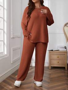 SHEIN Essnce Plus Size Women Solid Color Ribbed Drop Shoulder Top & Pants 2 Pieces Set/Winter - Coral Orange - View 3