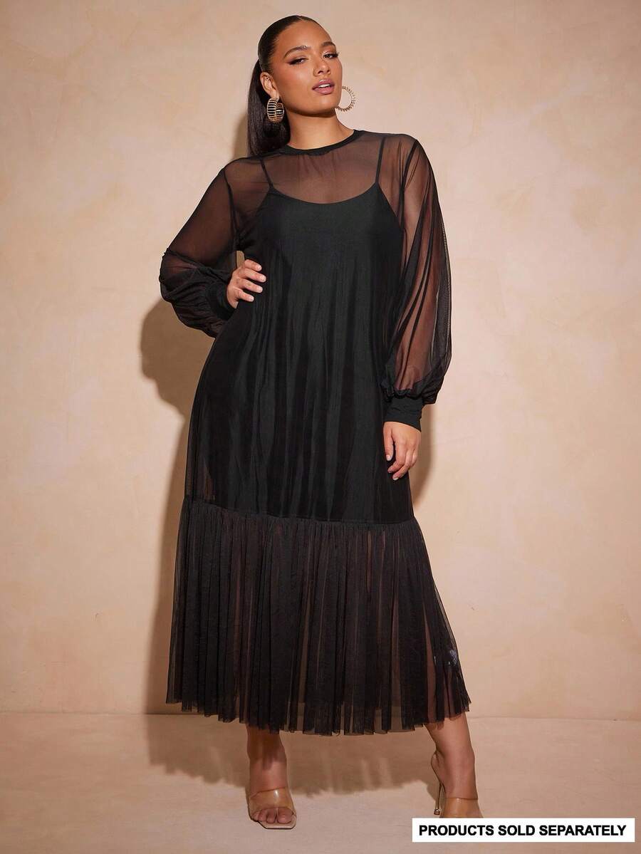 Vixey Tulle Ruffle Hem Sheer Mesh Balloon Sleeve Tunic Top, Unlined, Cami Sold Separately