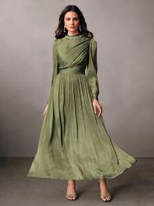 Anewsta Elegant Sparkling Ruched Dress With Long Sleeves, Suitable For Party, Date, Outing, Spring To Summer - Green - View 6