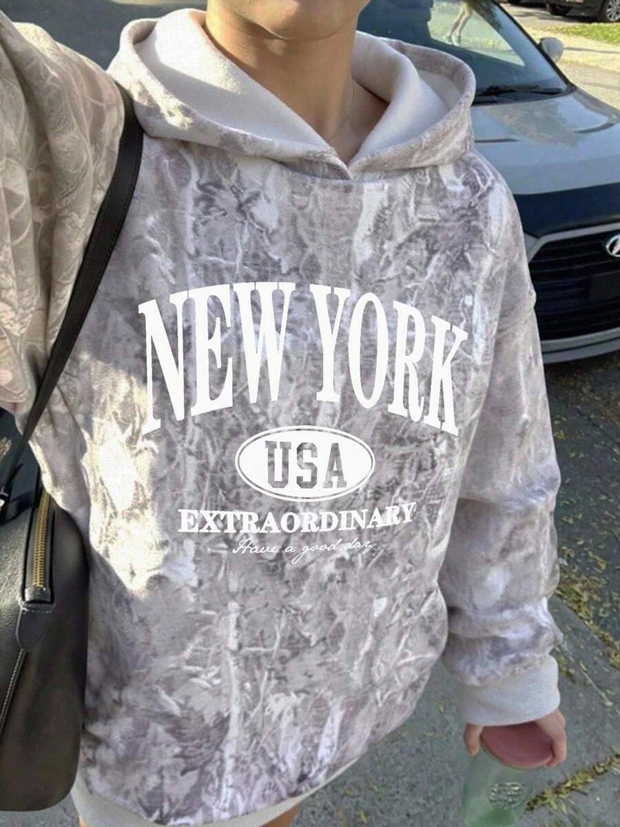 Casual Loose Comfortable Sweatshirt For Teen Girls, Autumn/Winter Classic Cool Gray Natural Withered Branch Leaf Print Sweatshirt Classic City Name Text Print Sweatshirt - Multicolor - View 1