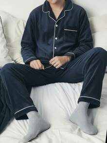 2pcs Teenage Boys' Plush Plush Deep Blue Casual Comfortable Lapel Collar Cardigan Long Sleeve Top And Pants Loungewear Set - Blue - View 3