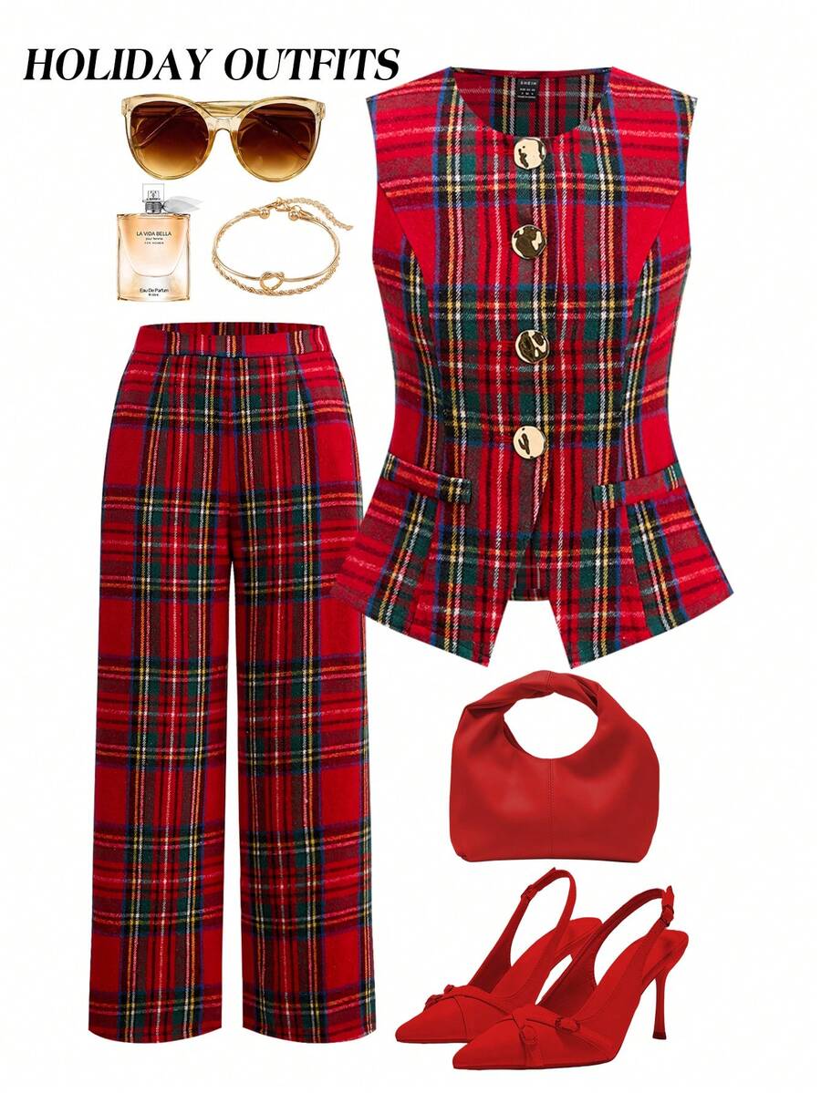 Ellevyn 女士圆领无袖红色格子开衫背心和直筒裤优雅装扮，适合日常穿着、节日、秋冬、圣诞节，两件套 - 彩色 - 查看 1