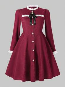 SHEIN Tween Girls' Elegant Vintage Ruffled Collar Button Front Tie Bow Decor Black Long Sleeve Snug Fit Mini Dress, Paired With Jacket - Red - View 3
