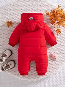 SHEIN 1 bộ quần áo liền thân có mũ trùm đầu phía trước, khóa kéo, họa tiết tai gấu thêu, bo gấu và gấu áo, trang phục thường ngày ấm áp cho bé gái mùa đông 2020 - Đỏ - Xem 2
