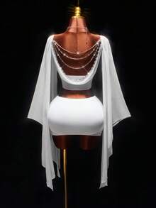 Amplova 两件套女士缎面露背收腰连衣裙，配蝴蝶结披肩领和水钻后背装饰，闪亮亮片迷你裙，适合派对、秋冬季穿着。 - 白色 - 查看 10