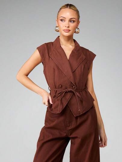 MISSGUIDED Double Breasted Sleeveless Denim Vest With Tie Belt And Wrap Front Design For Casual Everyday Wear