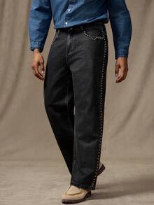 Manfinity Homme Quần jean ống rộng dáng rộng có túi trang trí đinh tán dành cho nam - màu đen - Xem 6