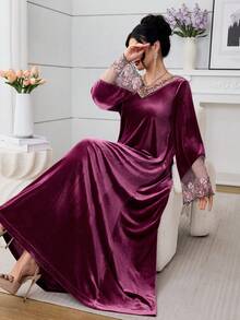 SHEIN Najma Women's Velvet Collar Floral Lace Cuff Mesh Embroidered Arabic Style Dress - Multicolor - View 5