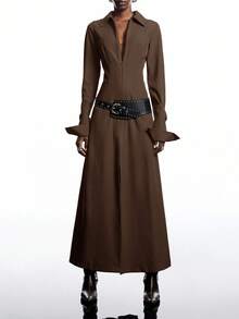 LYSMO Đầm thường ngày tay dài màu trơn có khóa kéo phía trước xẻ tà cho nữ - màu nâu - Xem 2