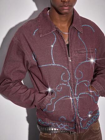 Street Life Men's Turquoise Collar Long Sleeve Pockets Zipper Front Casual Denim Jacket