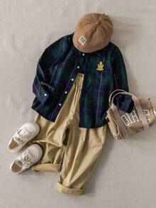 PrepCrw 1件男童优雅学院风休闲都市经典绿色格子长袖衬衫，适合旅行、聚会、返校、秋冬季纽扣衬衫 - 彩色 - 查看 5