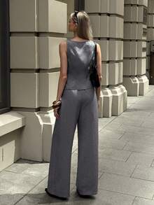 Aloruh 女士秋冬新款套装，时尚通勤优雅办公装，灰色碎花无袖马甲+阔腿西装裤 - 灰色 - 查看 2