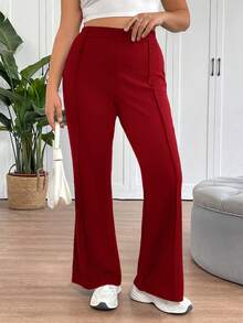 SHEIN Tall CURVE 大码女士简约日常喇叭裤套装 - 酒紅色 - 查看 5