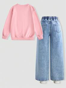 2pcs/Set Tween Girls Back-To-School Pink Winter Casual School Outfit,Stitch&Rabbit Printed Sweatshirt&Wide-Leg Jeans,Soft College Style Spring Set - Pink - View 2